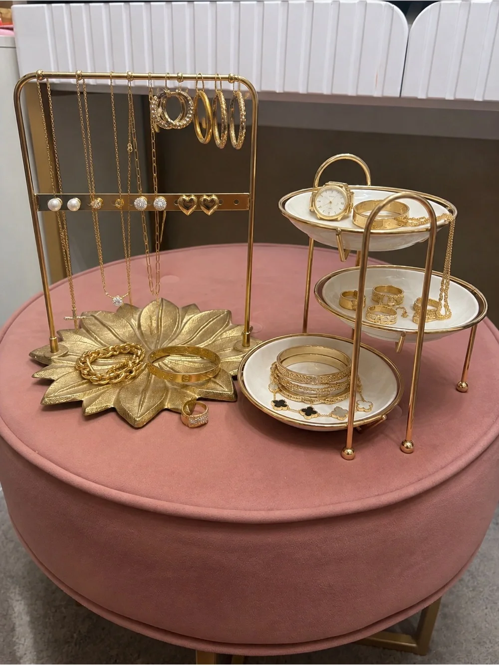 Gold and White 3-Tier Dessert Stand with Floral Gold Tray
